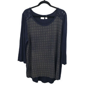 Chico's Blue Geometric Print Knit Top Womens Size XL 3 3/4 Sleeve Beaded